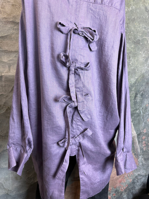 5021 Bettys Linen BF Bow Shirt-Lilac Grey