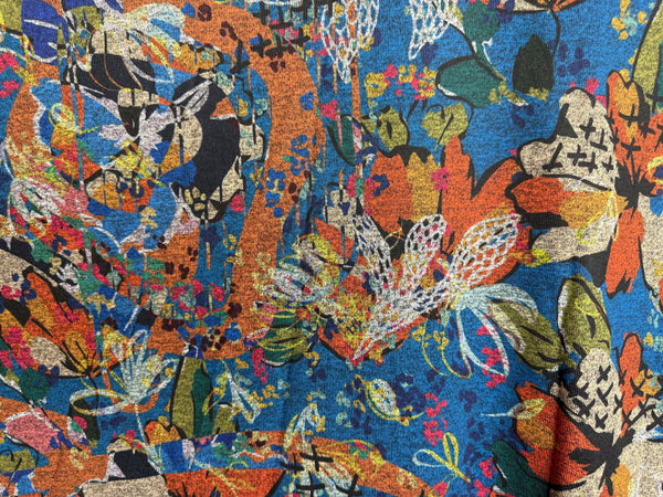 Oversized blue floral print crew pullover with orange and multicolor botanical pattern, long sleeves, relaxed fit - 11