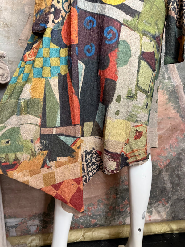 D541 waffle knit cowlneck dress featuring vibrant abstract fruit and geometric mixed print, draped on mannequin - 30