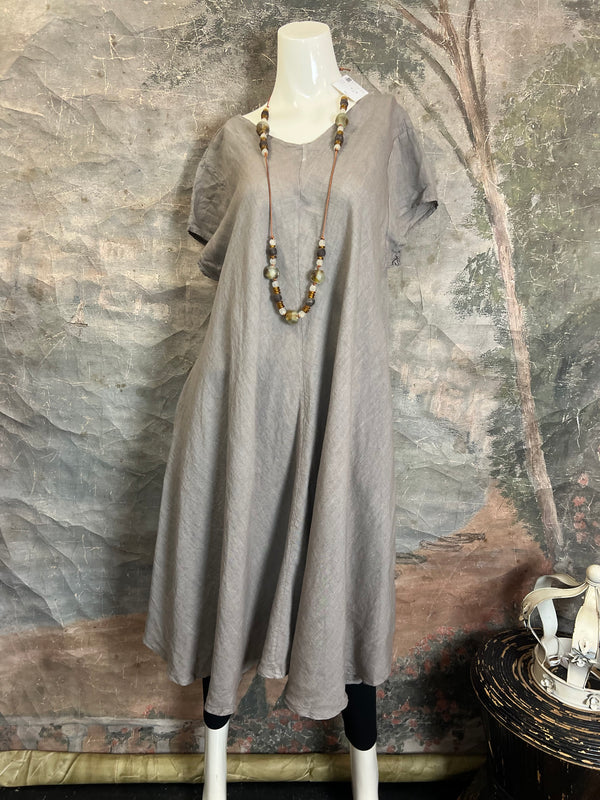 30638 Linen V-neck Flare Dress-Moss Green