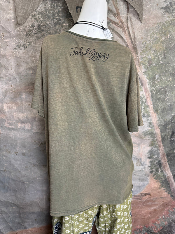 JG- Moon Dance V-Neck Tee-Vintage Moss