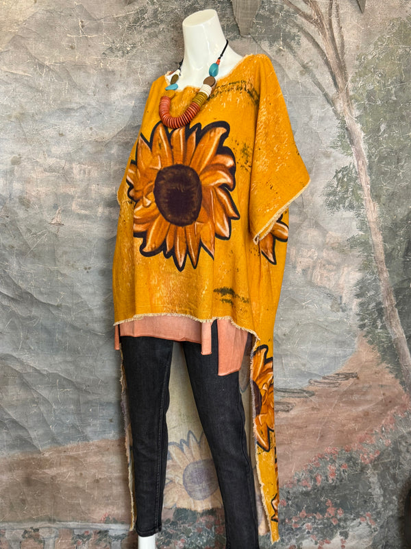 782 High Low Linen Tunic Top-Sunflower/Gold