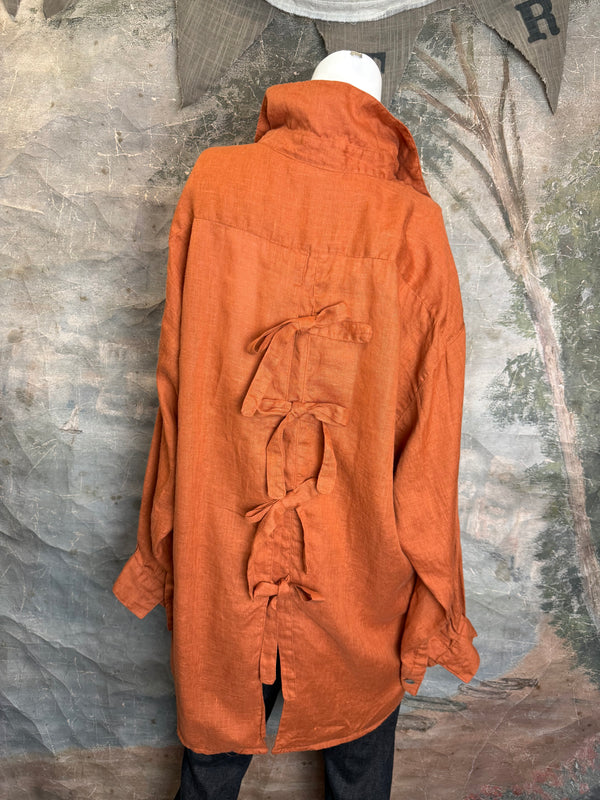 5021 Bettys Linen BF Bow Shirt-BRICK