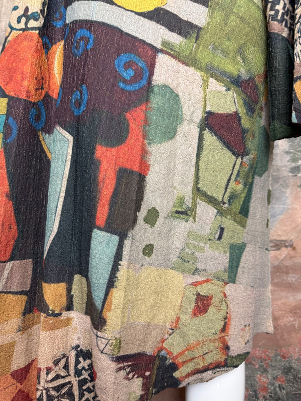 D541 waffle knit cowlneck dress featuring vibrant abstract fruit and geometric mixed print, draped on mannequin - 20