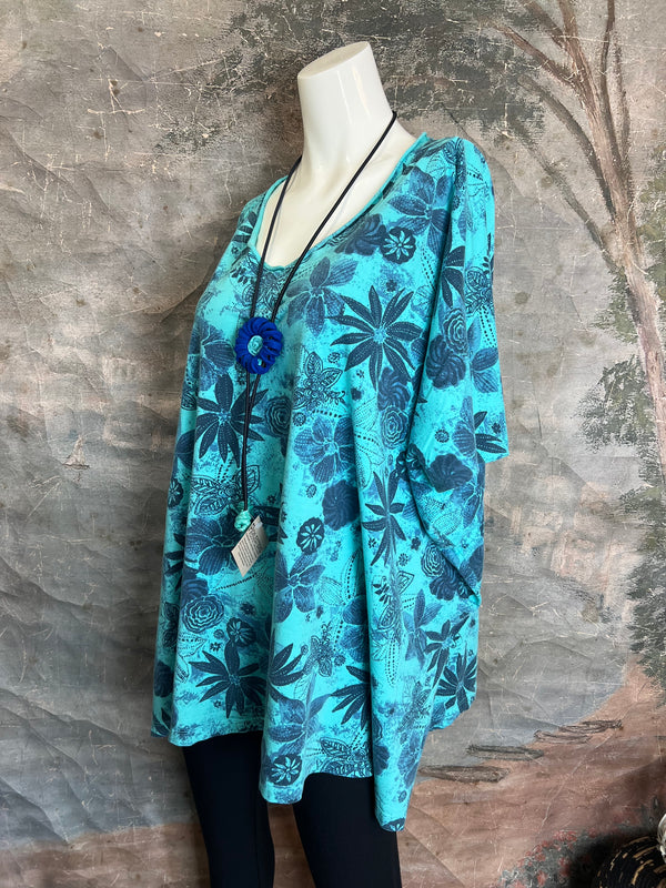 ID715 Floral Elbow Tunic Tshirt-Azure