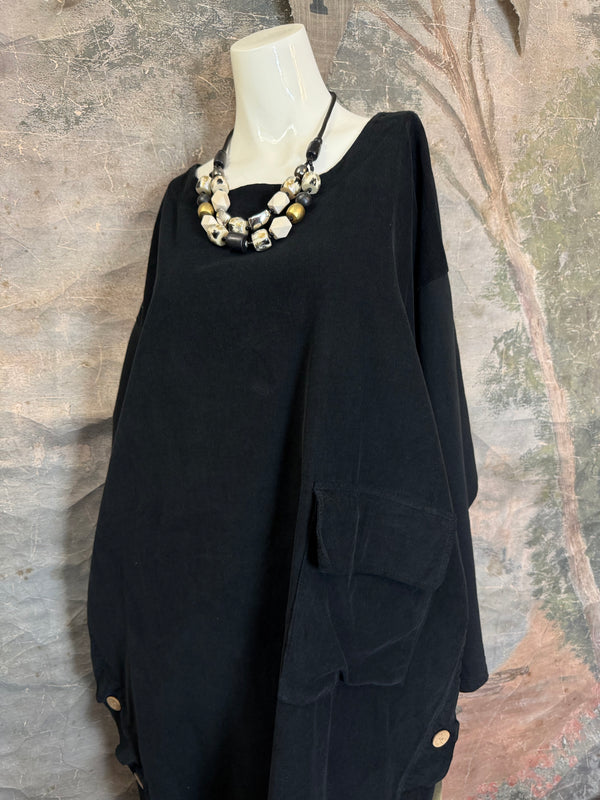 91805 Corduroy Button Dress-Black