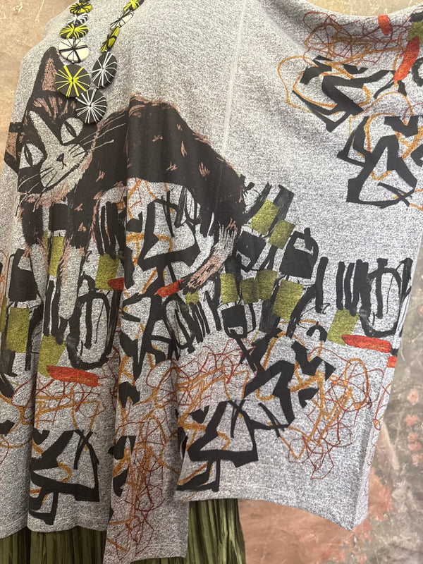 Oversized gray cat print crew pullover tunic with abstract art design on mannequin, styled with olive skirt and neon nec - 12