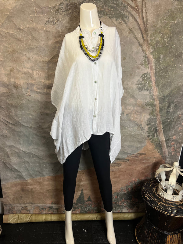 31163 Linen Mandarin Collar Top-White