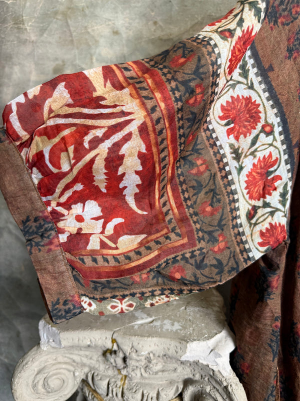 DYM287 Bohemian floral block print poet maxi dress in rust red and brown with chain necklace accent - 7