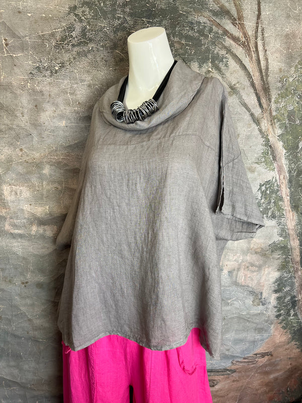 6250 Linen Cowl Neck Boxy Top-Taupe