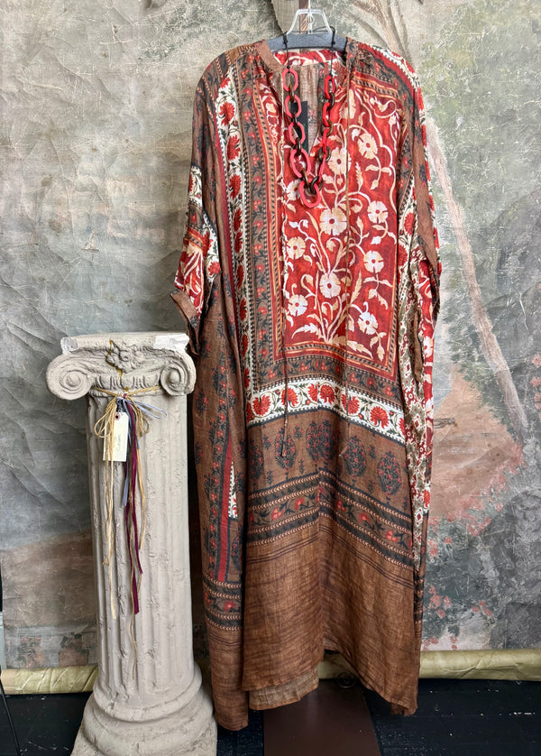 DYM287 Bohemian floral block print poet maxi dress in rust red and brown with chain necklace accent - 13