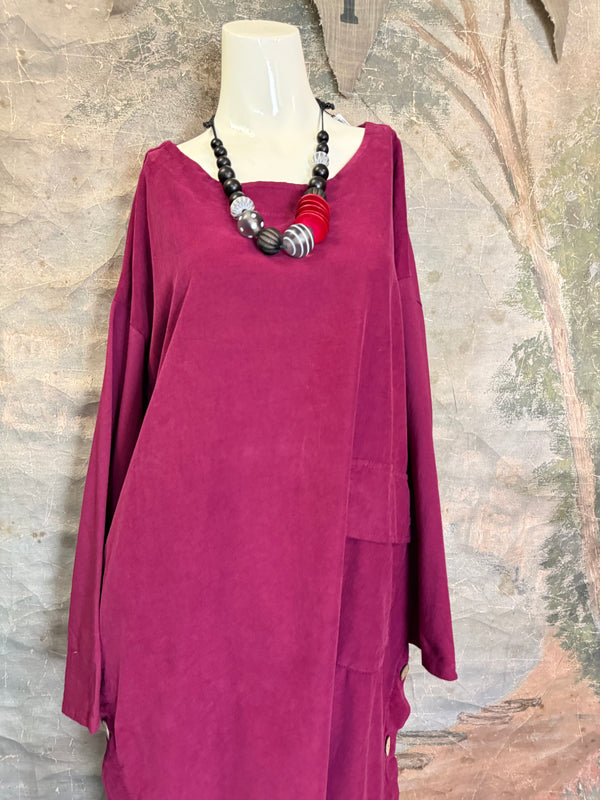 91805 Corduroy Button Dress-Burgundy