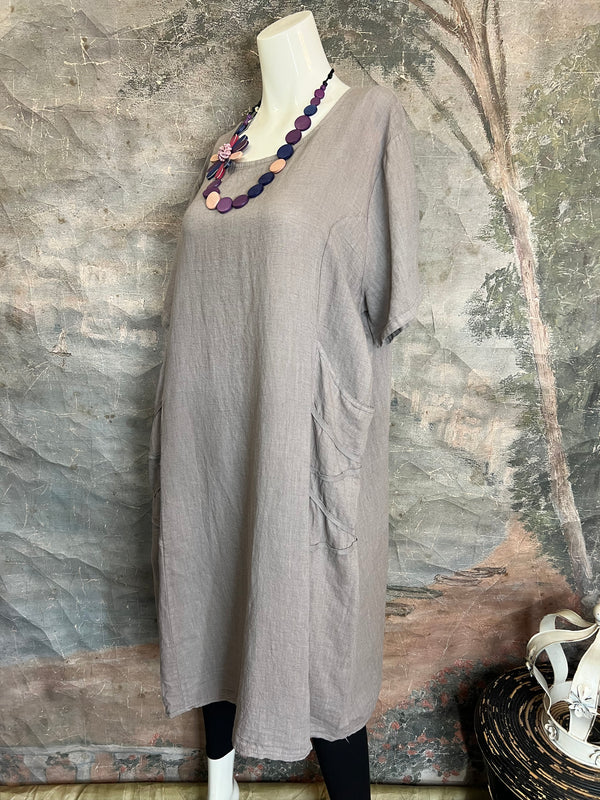 31173GN Linen Tape Accent Dress-Taupe