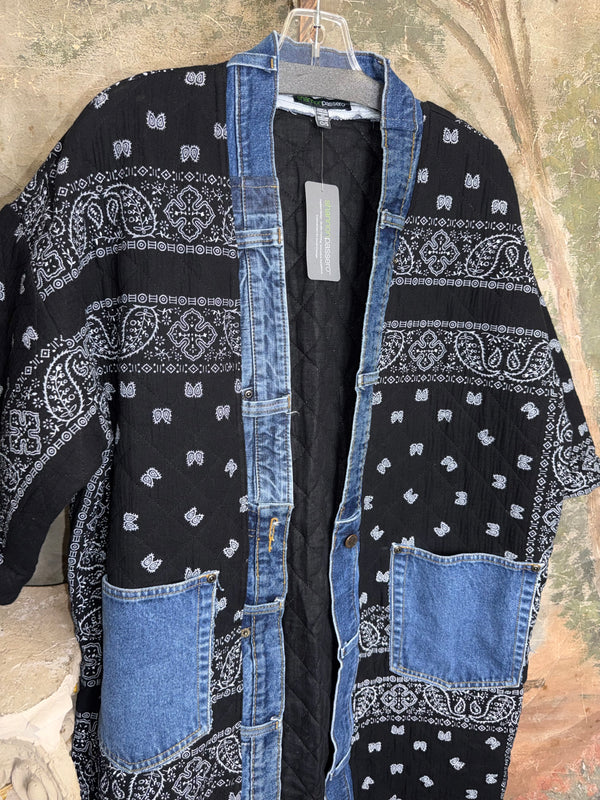 Black bandana paisley quilted cardigan jacket with denim trim pockets and snap buttons, long boho kimono style - 9