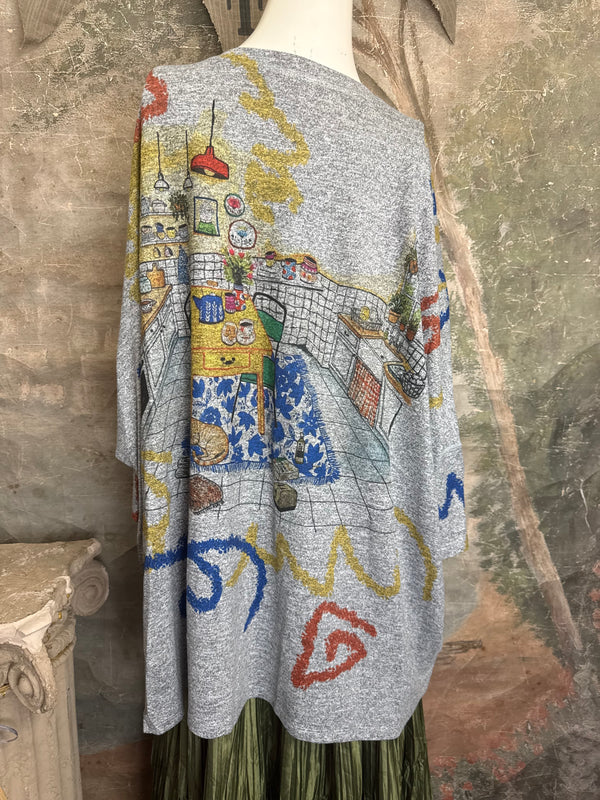 Gray oversized crew pullover sweater with colorful Nona's Kitchen interior scene print and abstract brushstroke details - 10