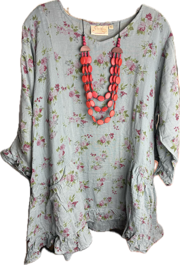 Floral linen tunic dress in sage blue with pink roses, ruffled hem, styled with red beaded layered necklace, size XL - 3