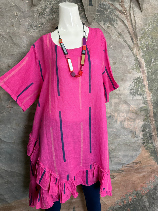 91307S Ruffle Stripe Tunic-Fuchsia