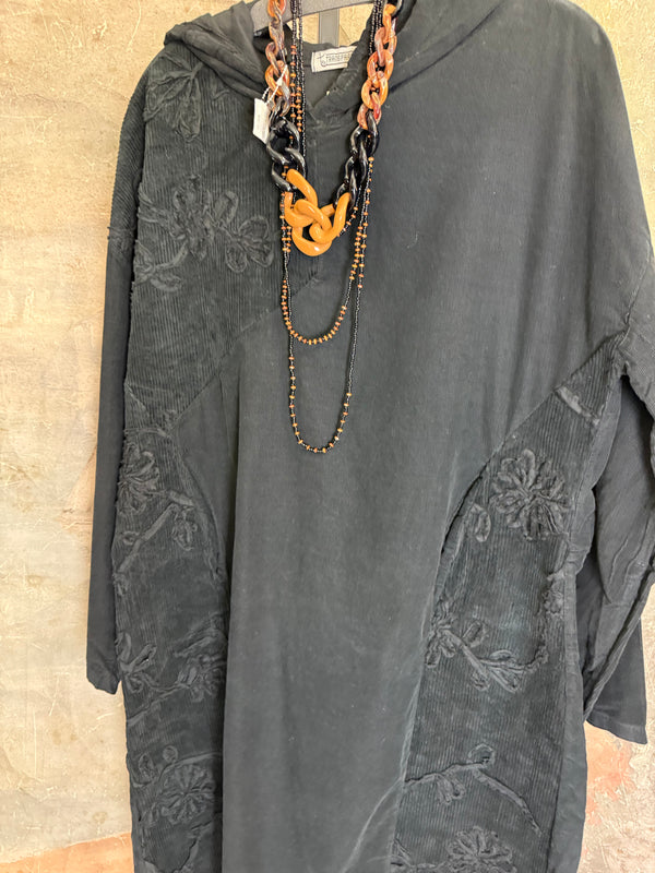 92178-62 Needlework Hoody Dress-Black