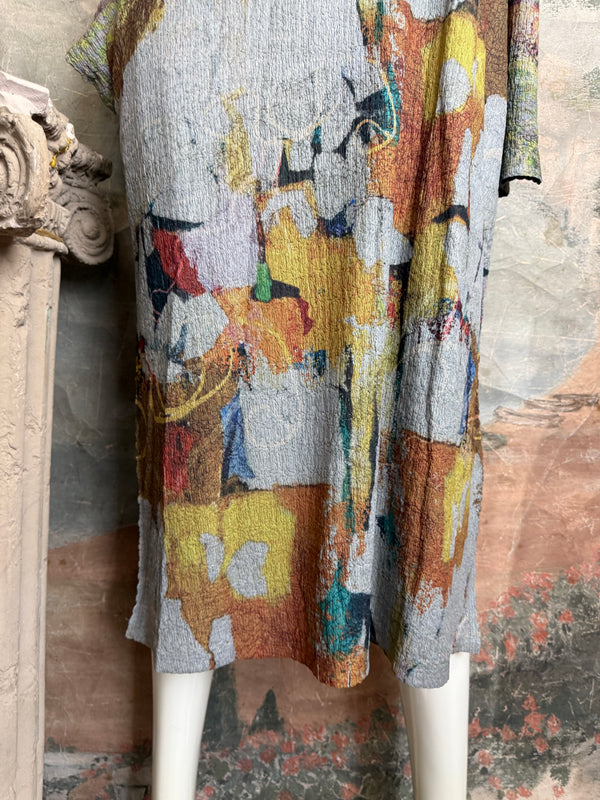 D540 Waffle Knit Cowlneck Dress in colorful abstract cat print with long sleeves and midi length - 6