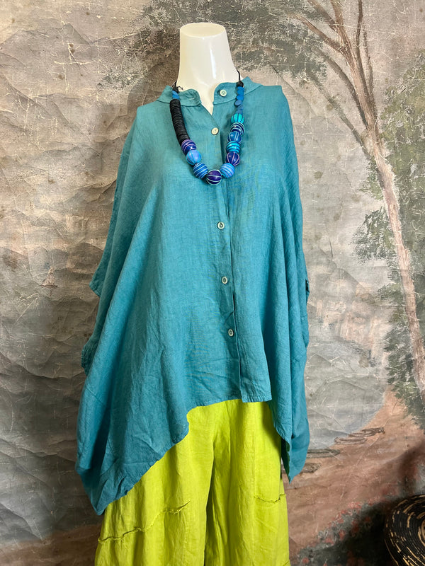 31163 Linen Mandarin Collar Top-Seablue