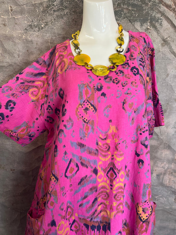 90847 Print Linen Dress-Pink