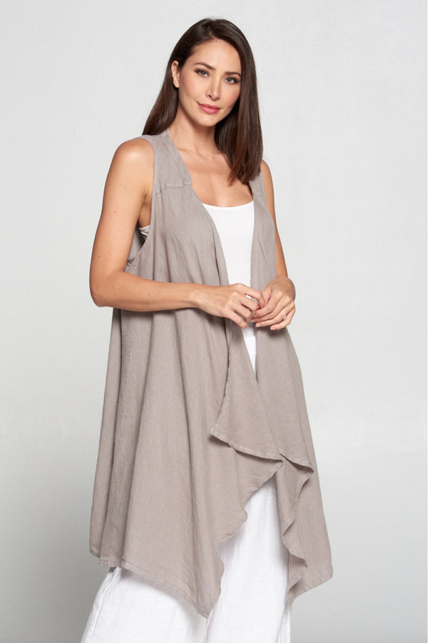 Long black sleeveless open front duster vest styled with graphic tee, gingham pants, and black beaded necklace on hanger - 11