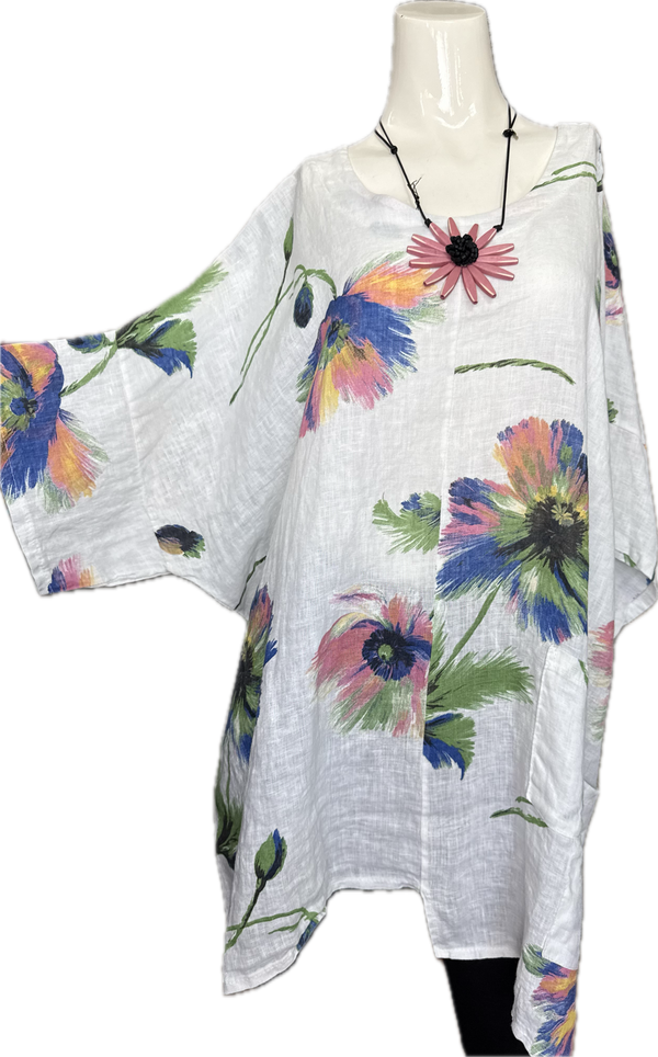 91225 Flower Garden Linen Top-White
