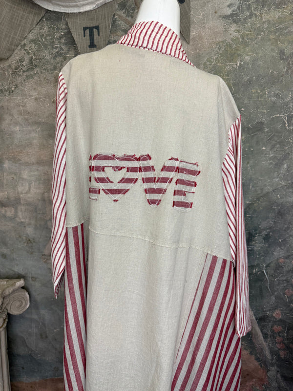 Magnolia Pearl linen duster with red stripe panels and LOVE appliqué on back, bohemian oversized fit - 3