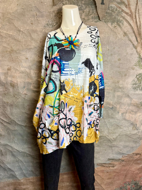 T1514 Long Slv Dolman Top/Tunic-Curious Kitty