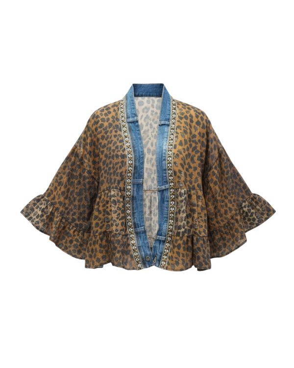 Leopard print Juno Cardigan with denim trim over olive tee and distressed jeans with turquoise ring necklace - 14