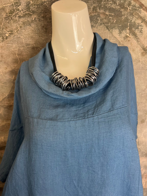 6250 Linen Cowl Neck Boxy Top-Denim