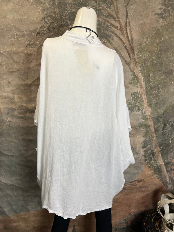 31163 Linen Mandarin Collar Top-White