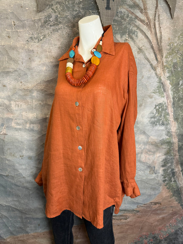 5021 Bettys Linen BF Bow Shirt-BRICK