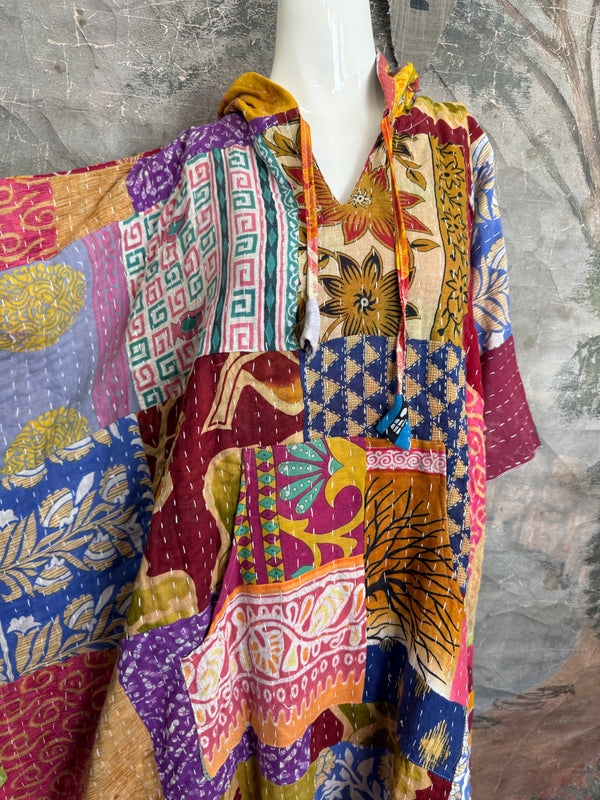 1012w Kantha Poncho Hoodie Dress-3
