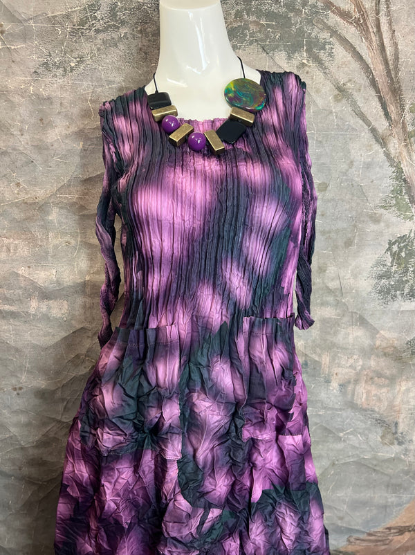 ACD544 3/4 Slv Smash Dress-Purple Leaf