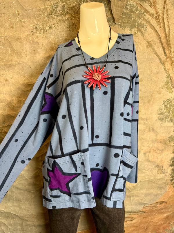 PA1807 Thea L/Slv PopArt Top-DENIM BLUE