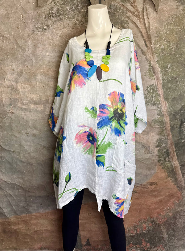 91225 Flower Garden Linen Top-White
