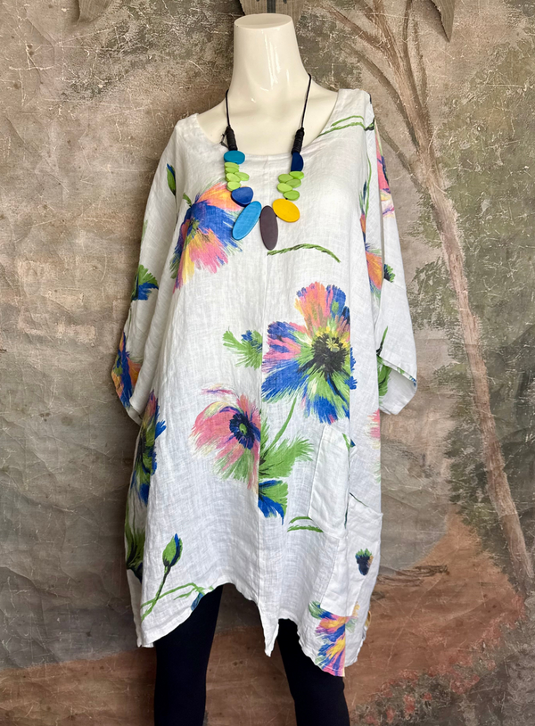 91225 Flower Garden Linen Top-White