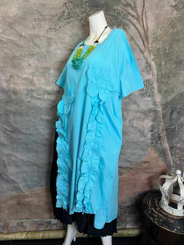 90915 Floral Applica Tunic W/Slits-Blue
