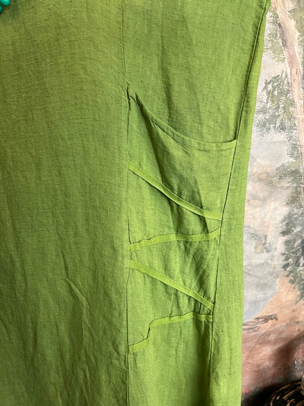 31173GN Linen Tape Accent Dress-Kiwi
