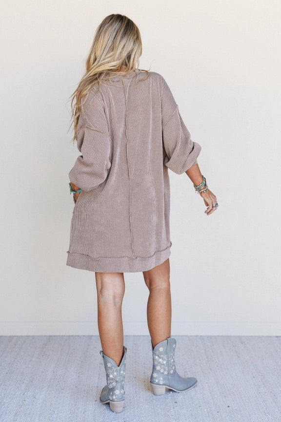TBN1678 Moon Glow taupe ribbed mini dress with pockets, long sleeves, worn with gray cowboy boots - 3