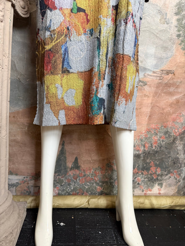 D540 Waffle Knit Cowlneck Dress in colorful abstract cat print with long sleeves and midi length - 5