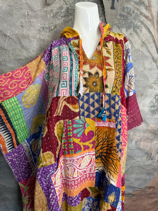 1012w Kantha Poncho Hoodie Dress-3
