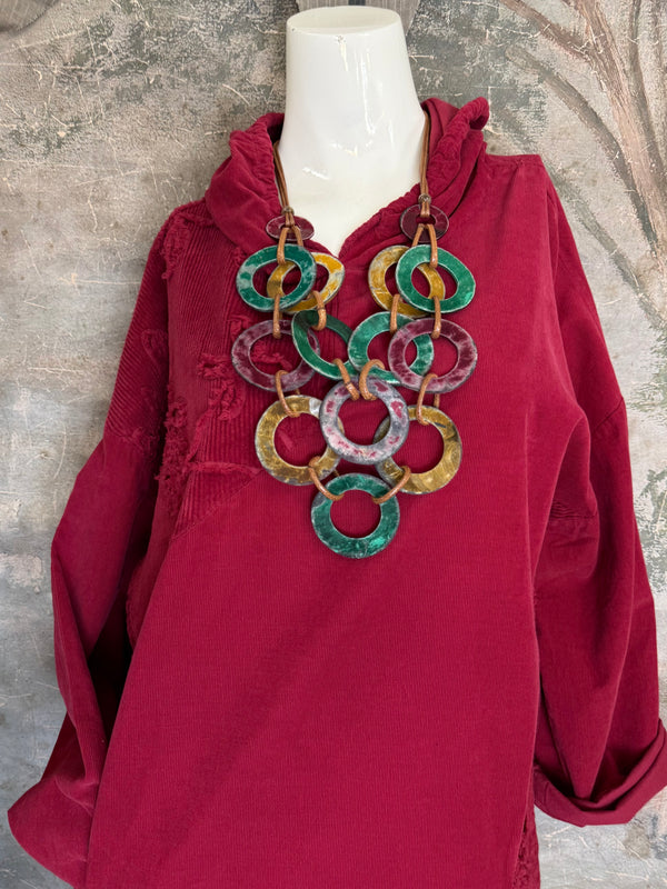 92178-62 Needlework Hoody Dress-Burgundy