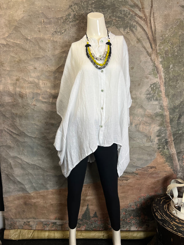 31163 Linen Mandarin Collar Top-White