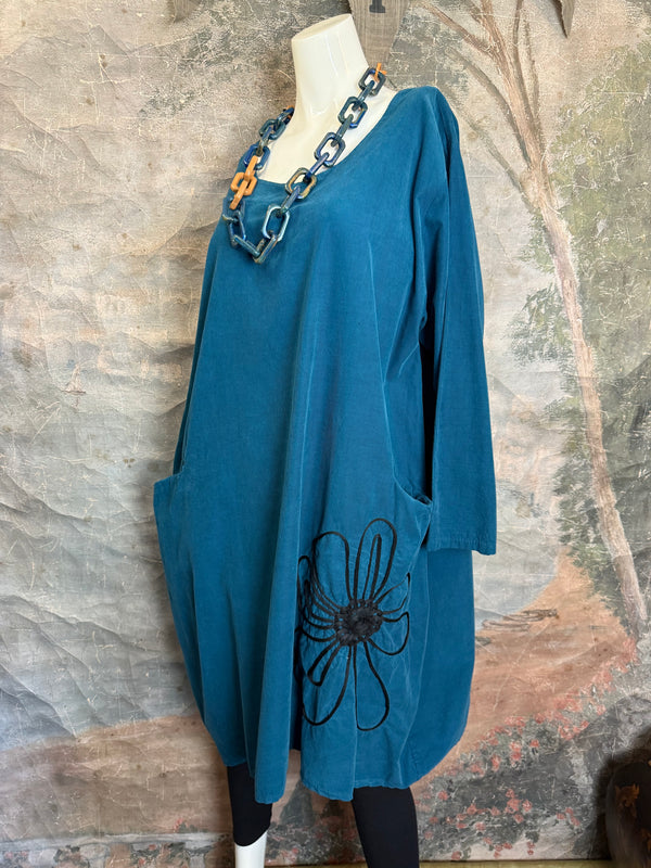 90847 Corduroy Sunflower Dress-Teal