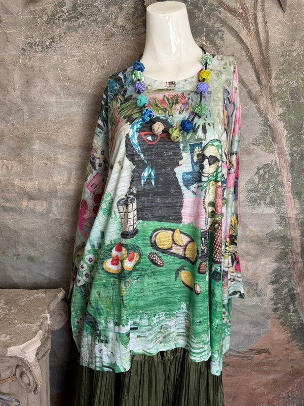 Burnout one size tunic top with whimsical tea party print in green, pink and black with colorful knotted necklace - 1