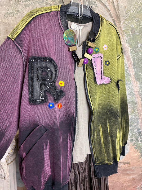 Sequin R&L patch bomber jacket in purple and yellow-green ombre with floral accents, styled with tiered maxi skirt - 11