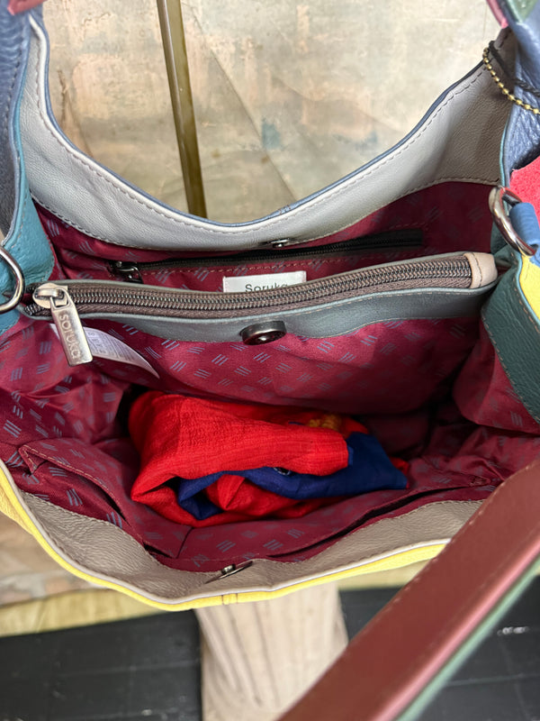 Soruka Agatha navy blue recycled leather crossbody bag with burgundy handle and orange lining, Barcelona handcrafted - 12