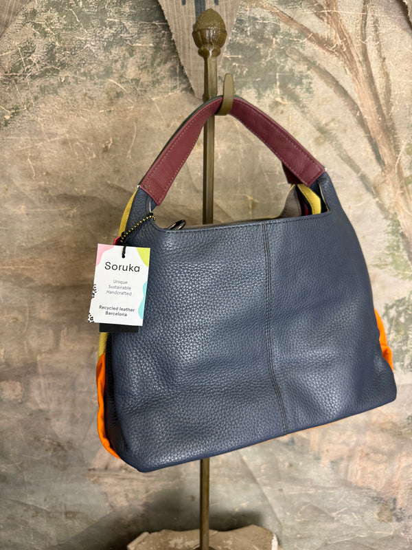Soruka Agatha navy blue recycled leather crossbody bag with burgundy handle and orange lining, Barcelona handcrafted - 5